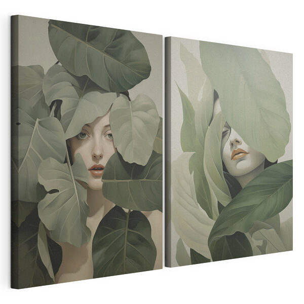 Visage d'une femme entouré de feuilles Impression sur toile modulaire Visage d'une femme entouré de feuilles