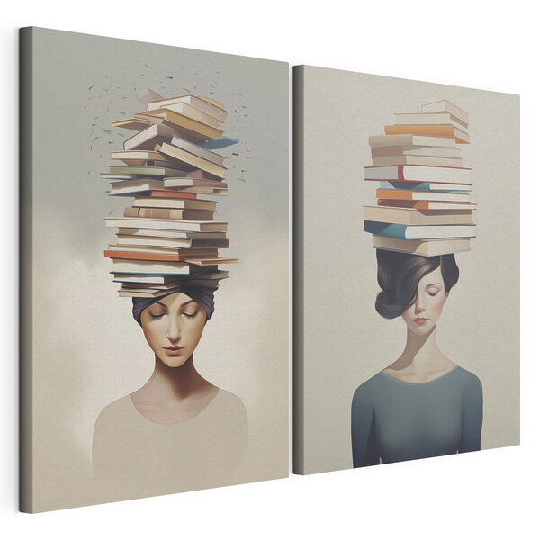 Femme avec des livres sur la tête Impression sur toile modulaire Femme avec des livres sur la tête