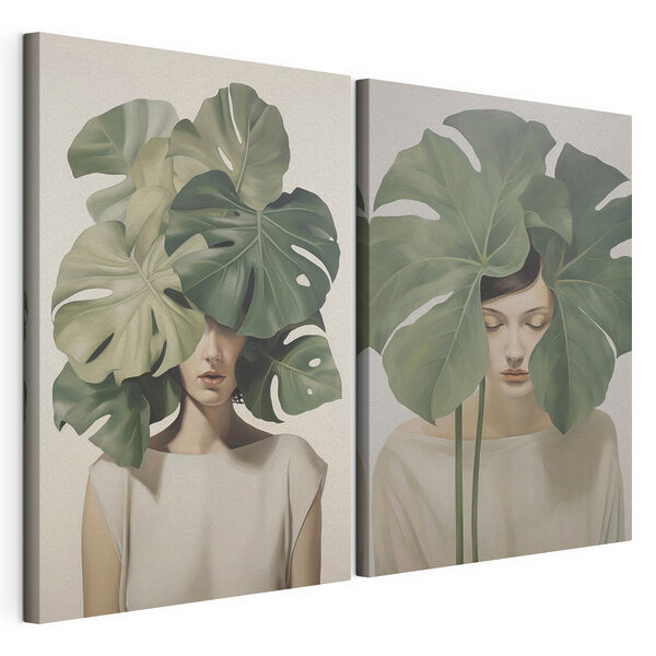 Deux images d'une femme avec des feuilles sur la tête Impression sur toile modulaire Deux images d'une femme avec des feuilles sur la tête
