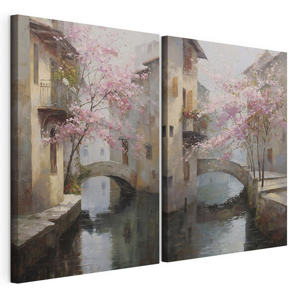 Impression sur toile modulaire Peinture représentant un pont enjambant une rivière