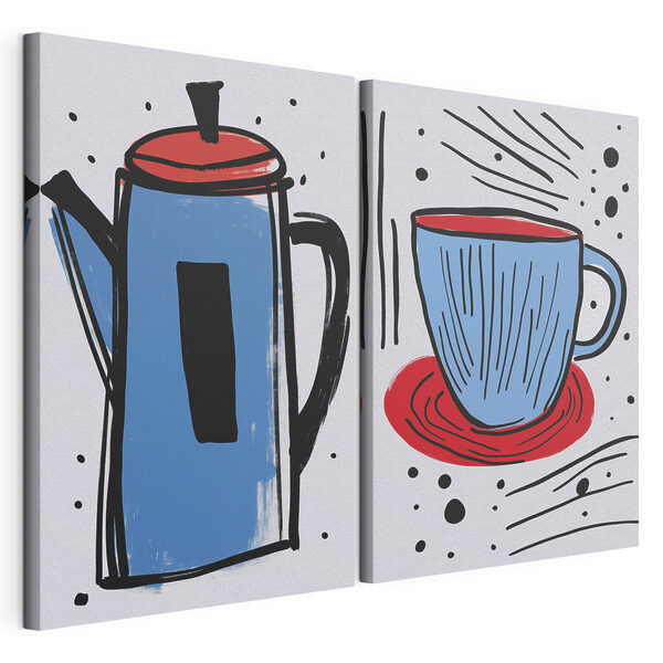 Impression sur toile modulaire Dessin représentant une cafetière et une tasse