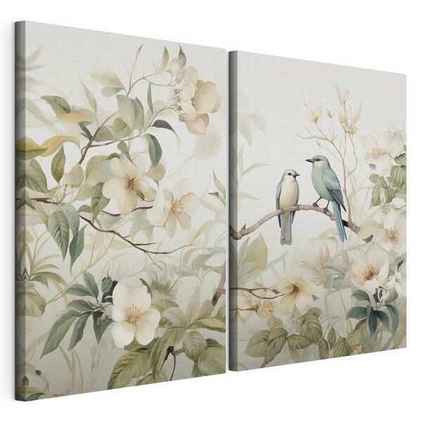 Impression sur toile modulaire Deux oiseaux sur une branche fleurie