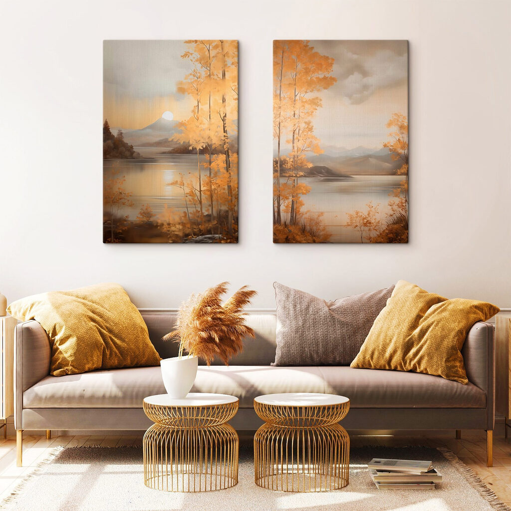 Painting of a mountain and a lake