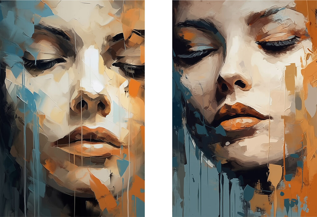 Woman's face with orange and blue paint Woman's face with orange and blue paint