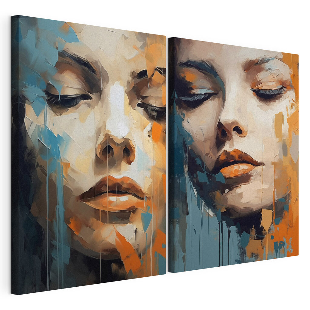 Woman's face with orange and blue paint Woman's face with orange and blue paint