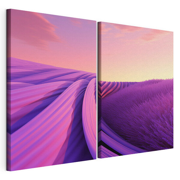 Champ de lavande sous un ciel rose et violet Impression sur toile modulaire Champ de lavande sous un ciel rose et violet