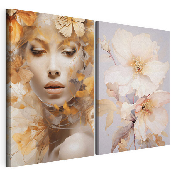 Femme avec des fleurs et un mannequin Impression sur toile modulaire Femme avec des fleurs et un mannequin