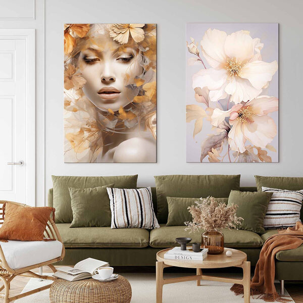 Woman with flowers and a mannequin Woman with flowers and a mannequin