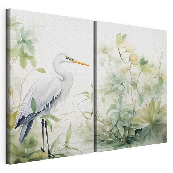 Impression sur toile modulaire Oiseau blanc au long bec, debout devant une plante