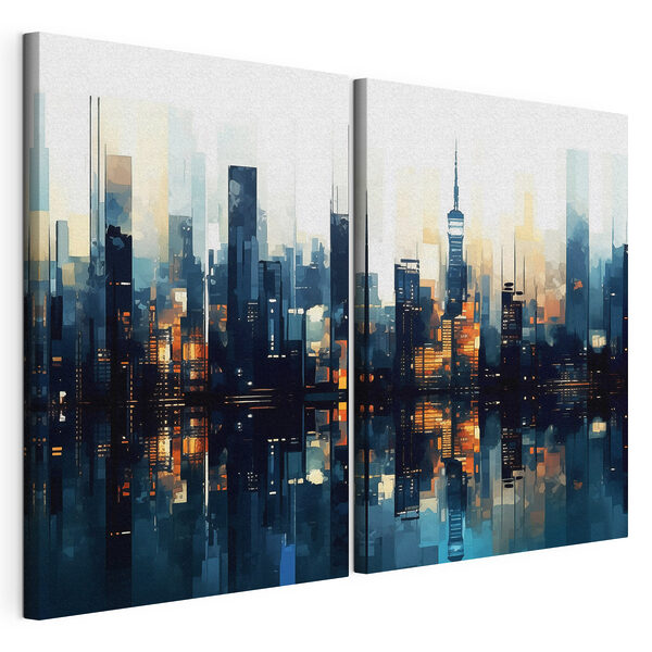 Silhouette de la ville se reflétant dans l'eau Impression sur toile modulaire Silhouette de la ville se reflétant dans l'eau