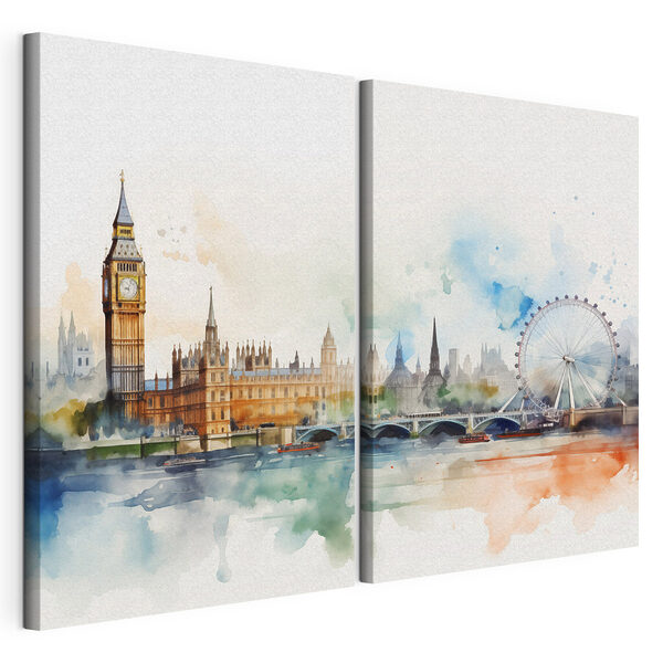 Aquarelle représentant une ville et une grande roue Impression sur toile modulaire Aquarelle représentant une ville et une grande roue