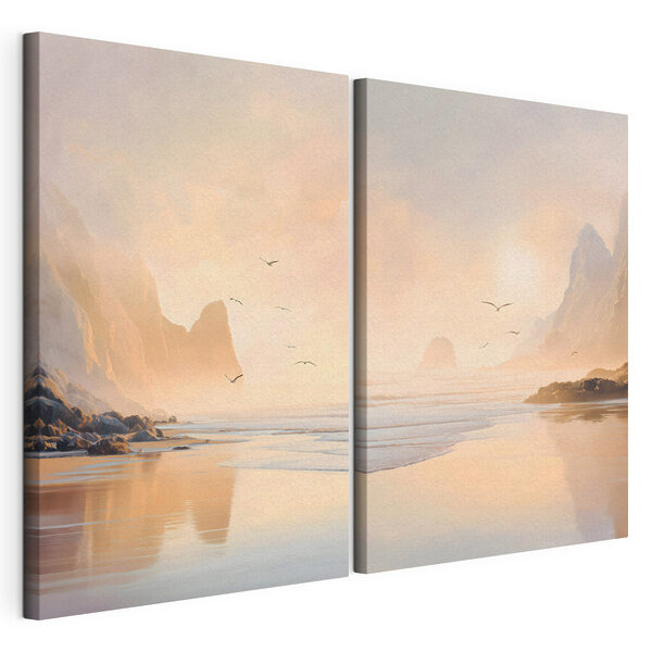 Plage avec des montagnes et un plan d'eau Impression sur toile modulaire Plage avec des montagnes et un plan d'eau
