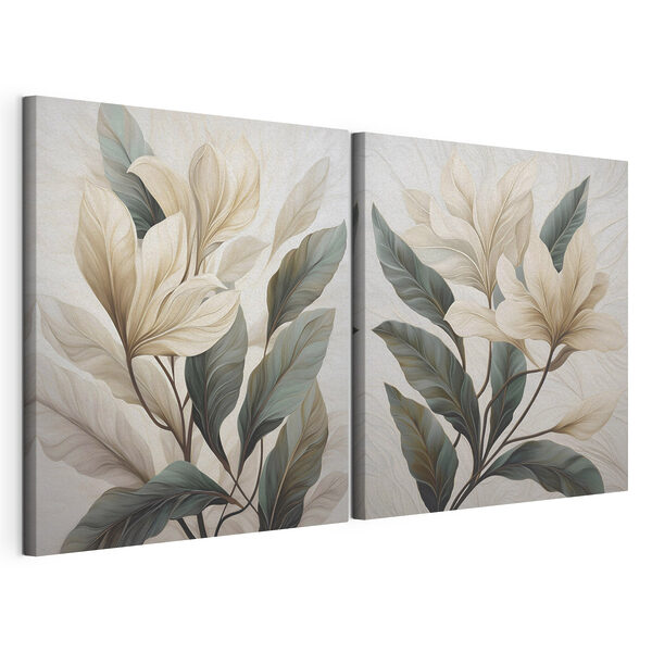 Peinture représentant des feuilles sur une surface blanche Impression sur toile modulaire Peinture représentant des feuilles sur une surface blanche