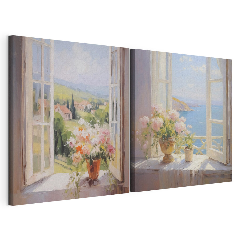 Painting of flowers on a window sill Painting of flowers on a window sill
