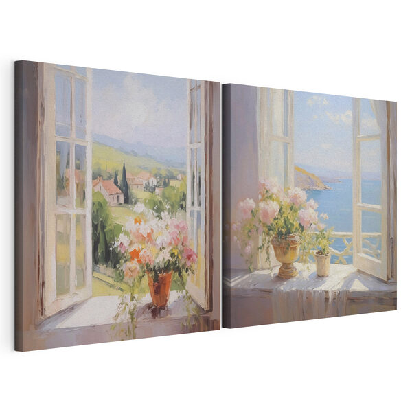 Impression sur toile modulaire Peinture représentant des fleurs sur un rebord de fenêtre
