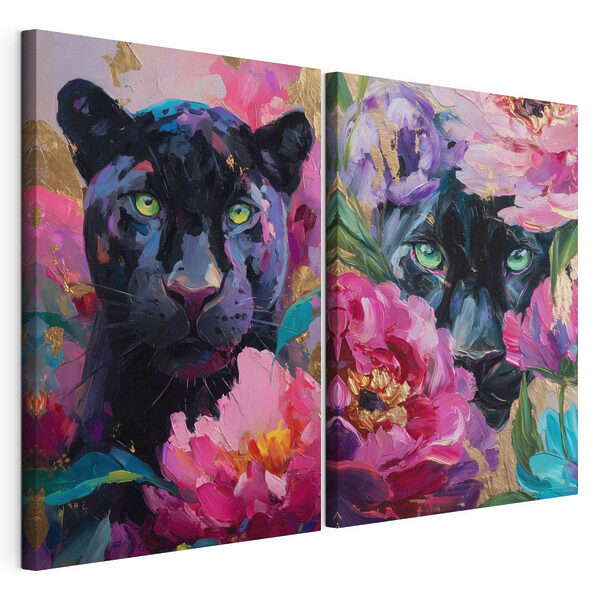 Tableau représentant une panthère et une panthère entourée de fleurs Impression sur toile modulaire Tableau représentant une panthère et une panthère entourée de fleurs