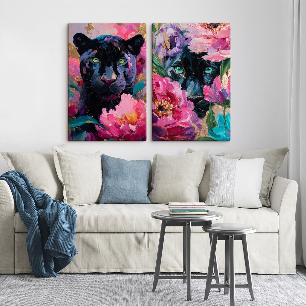Painting of a panther and a panther with flowers Painting of a panther and a panther with flowers