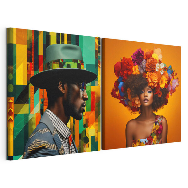 Un homme et une femme avec des fleurs dans les cheveux Impression sur toile modulaire Un homme et une femme avec des fleurs dans les cheveux