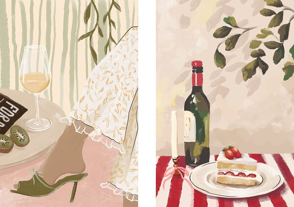 Painting of a woman's feet and a cake on a table Painting of a woman's feet and a cake on a table