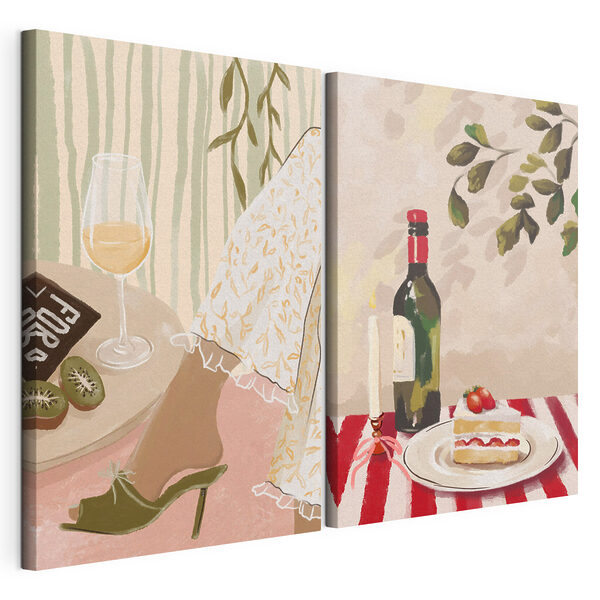 Impression sur toile modulaire Tableau représentant les pieds d'une femme et un gâteau posés sur une table