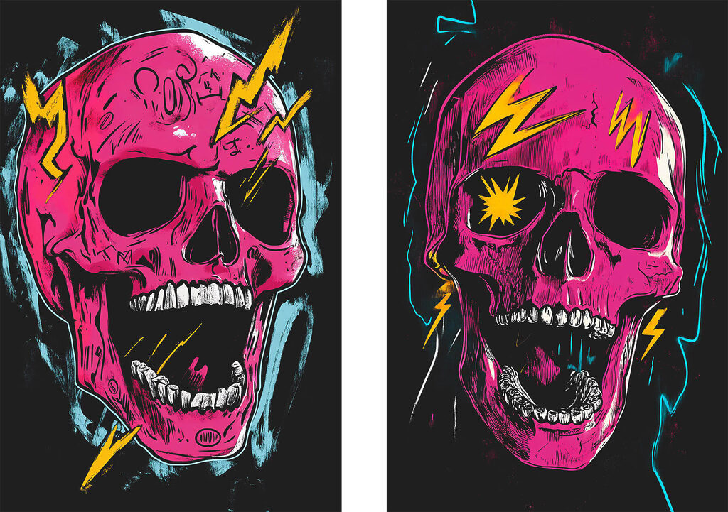Collage of a pink skull with lightning bolts Collage of a pink skull with lightning bolts