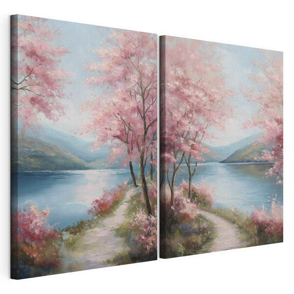Tableau représentant un sentier au bord d'un lac, parsemé de fleurs roses Impression sur toile modulaire Tableau représentant un sentier au bord d'un lac, parsemé de fleurs roses