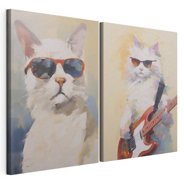 Chat portant des lunettes de soleil et tenant une guitare Impression sur toile modulaire Chat portant des lunettes de soleil et tenant une guitare