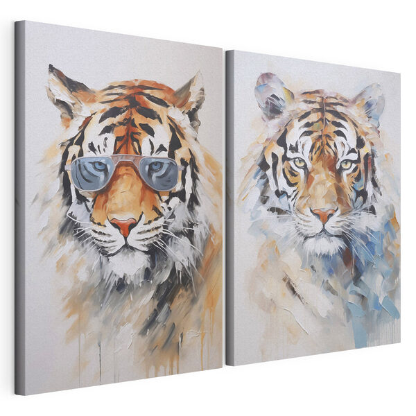 Deux photos de tigres portant des lunettes de soleil Impression sur toile modulaire Deux photos de tigres portant des lunettes de soleil
