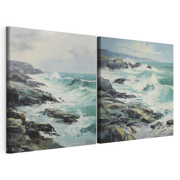 Tableau représentant des vagues se brisant sur les rochers Impression sur toile modulaire Tableau représentant des vagues se brisant sur les rochers