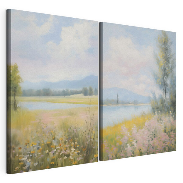 Peinture représentant un paysage avec une rivière et un champ de fleurs Impression sur toile modulaire Peinture représentant un paysage avec une rivière et un champ de fleurs