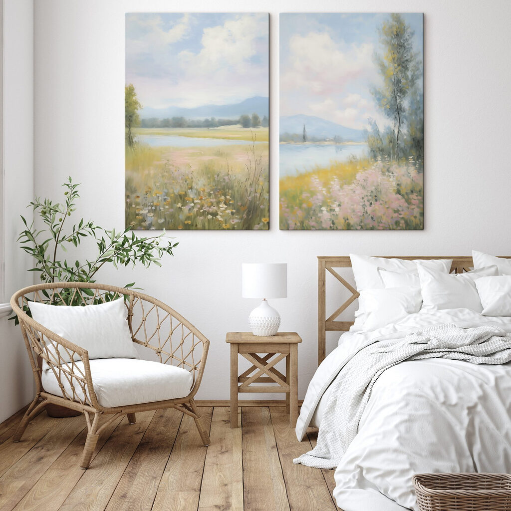 Painting of a landscape with a river and a field of flowers Painting of a landscape with a river and a field of flowers