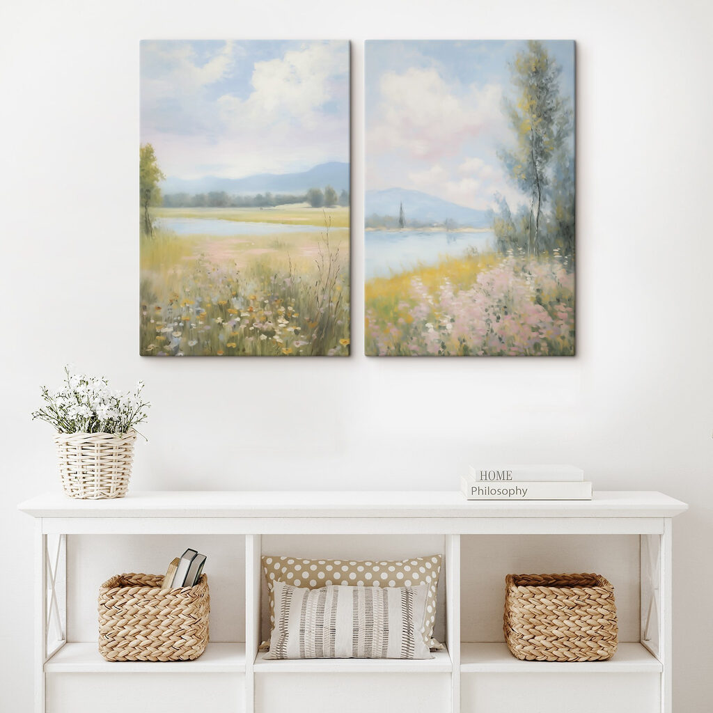 Painting of a landscape with a river and a field of flowers Painting of a landscape with a river and a field of flowers
