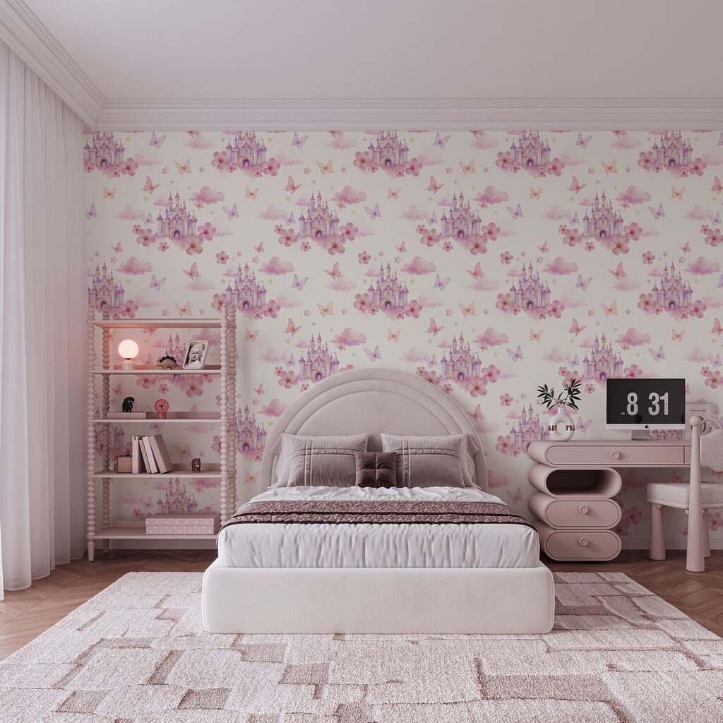 Motif représentant des papillons roses et violets et un château Motif représentant des papillons roses et violets et un château