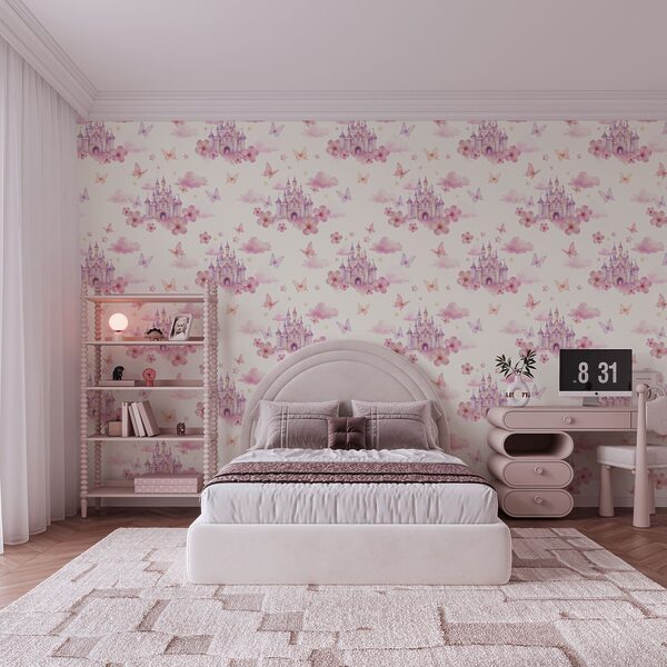 Motif représentant des papillons roses et violets et un château Motif représentant des papillons roses et violets et un château