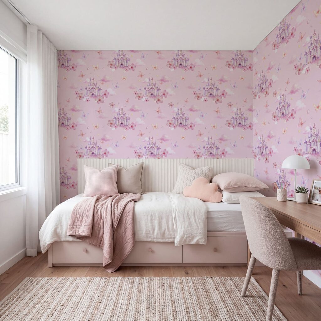 Fond rose avec des nuages roses et des papillons Fond rose avec des nuages roses et des papillons