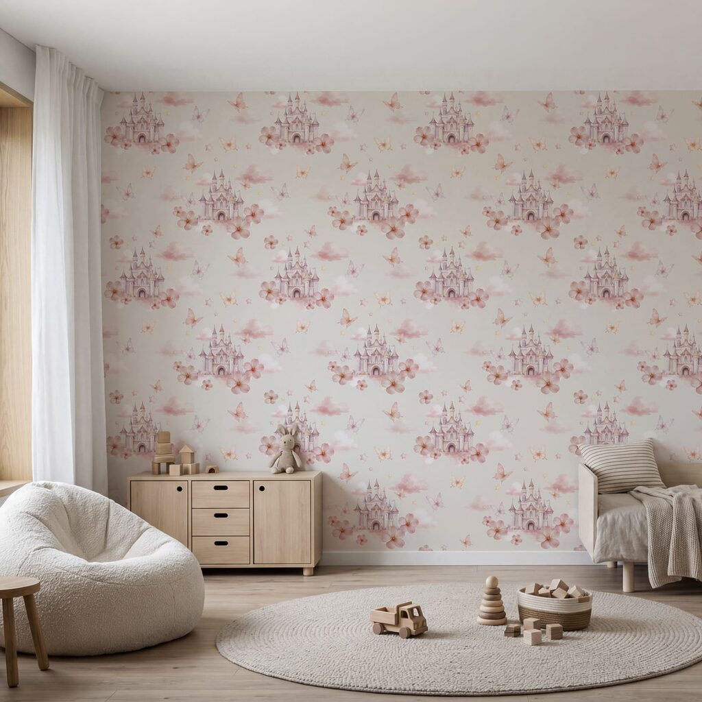 Motif représentant des papillons roses et un château Motif représentant des papillons roses et un château