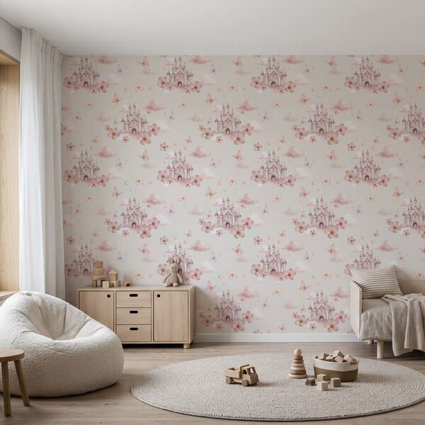 Motif représentant des papillons roses et un château Motif représentant des papillons roses et un château