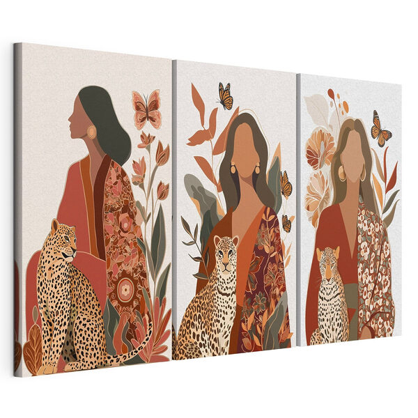 Une femme assise aux côtés d'un guépard Impression sur toile modulaire Une femme assise aux côtés d'un guépard