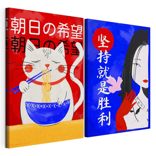 Deux affiches représentant un chat et une femme Impression sur toile modulaire Deux affiches représentant un chat et une femme