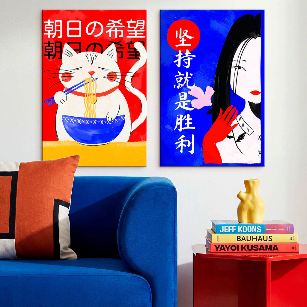 Two posters of a cat and a woman Two posters of a cat and a woman
