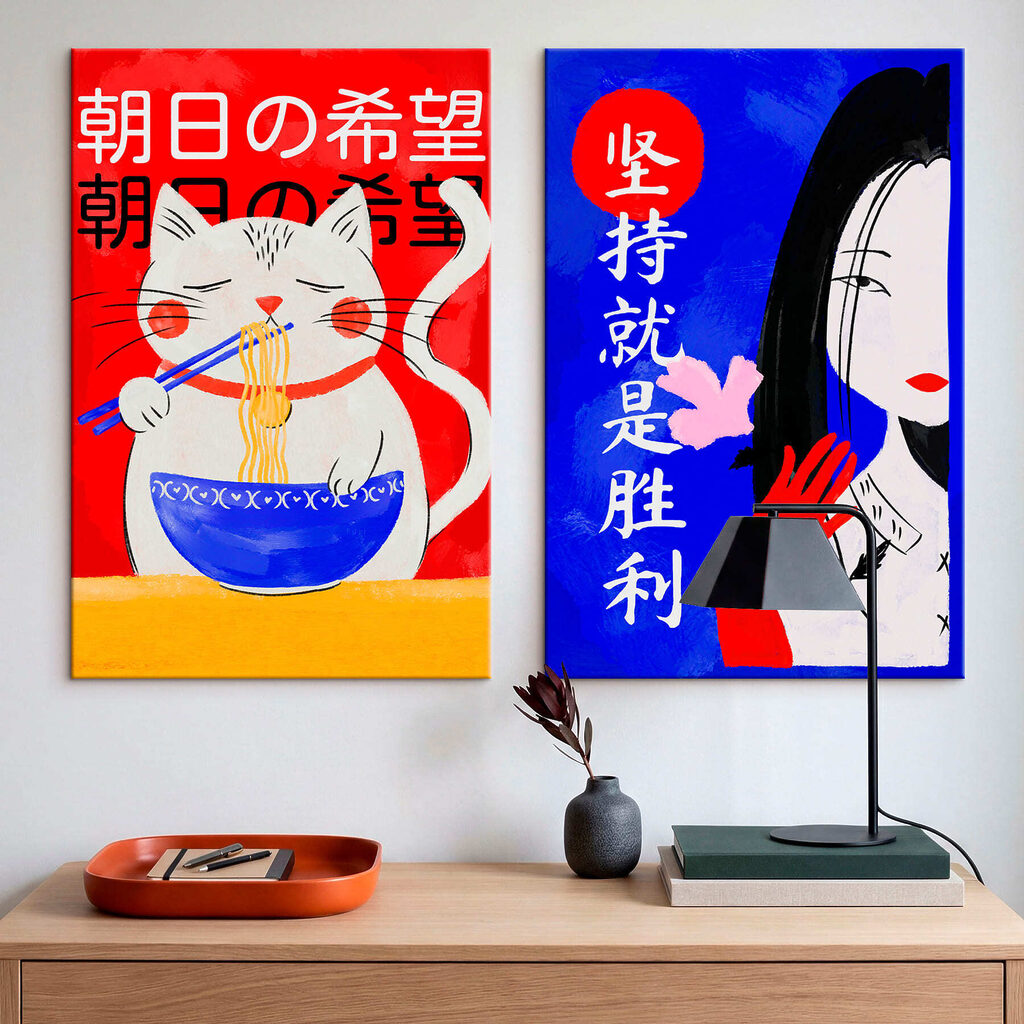 Two posters of a cat and a woman Two posters of a cat and a woman