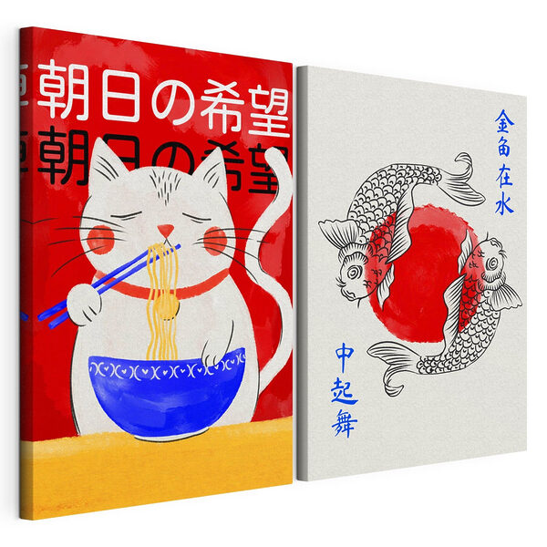 Dessin d'un chat et d'un poisson Impression sur toile modulaire Dessin d'un chat et d'un poisson