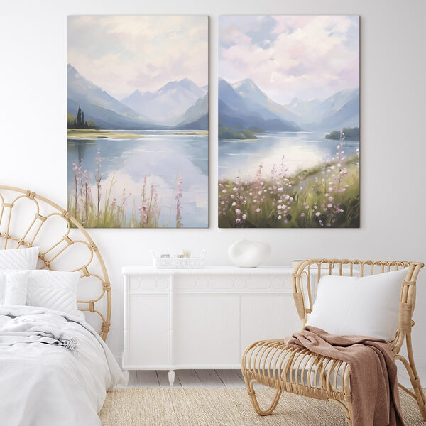 Painting of a lake and mountains Painting of a lake and mountains