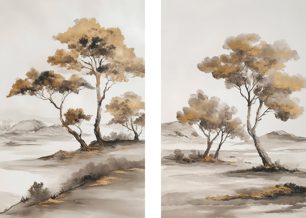 Painting of trees in a desert Painting of trees in a desert