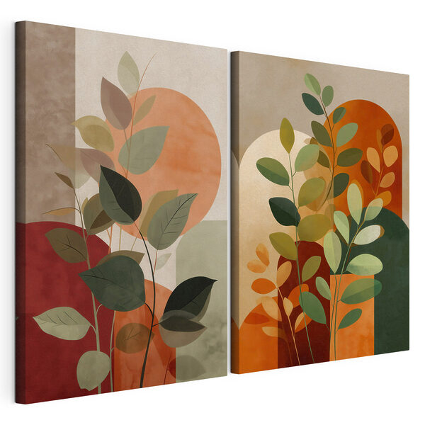 Peinture représentant des feuilles et un soleil Impression sur toile modulaire Peinture représentant des feuilles et un soleil