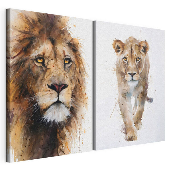Tableau représentant un lion et une lionne Impression sur toile modulaire Tableau représentant un lion et une lionne