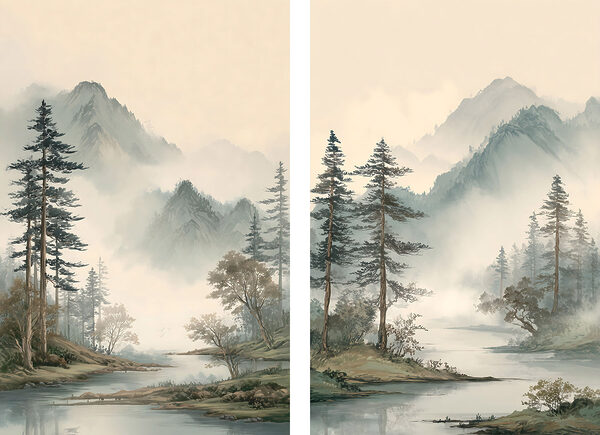 Painting of a river with trees and mountains Painting of a river with trees and mountains