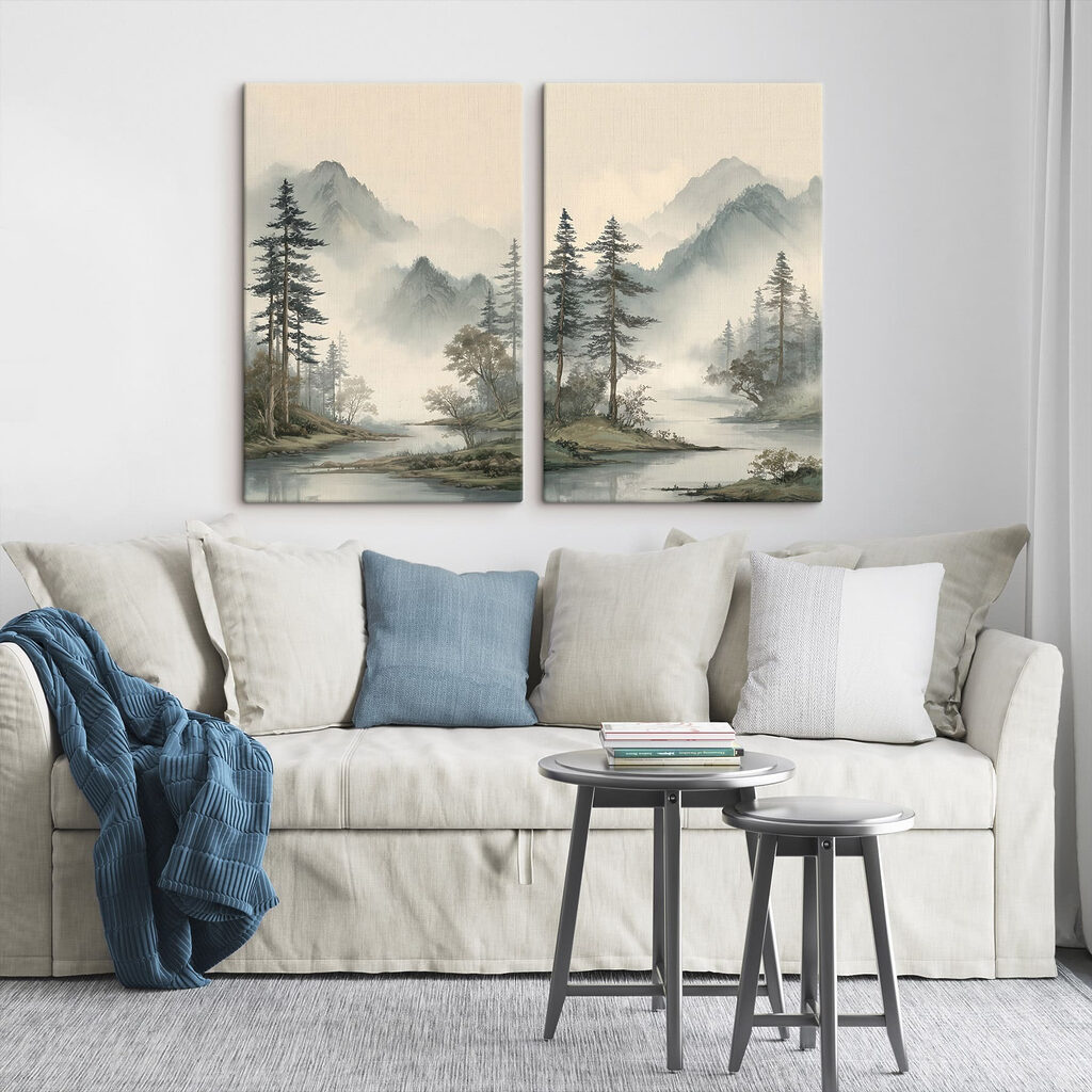 Painting of a river with trees and mountains Painting of a river with trees and mountains
