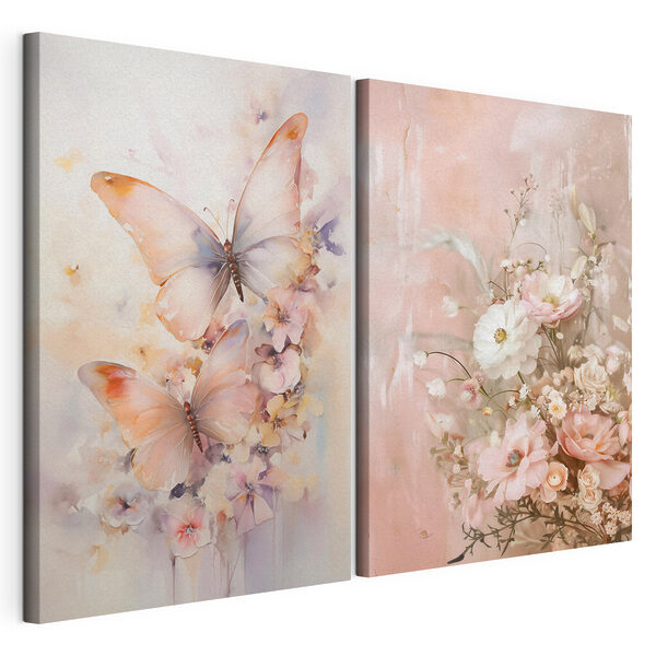 Deux tableaux représentant des fleurs et des papillons Impression sur toile modulaire Deux tableaux représentant des fleurs et des papillons