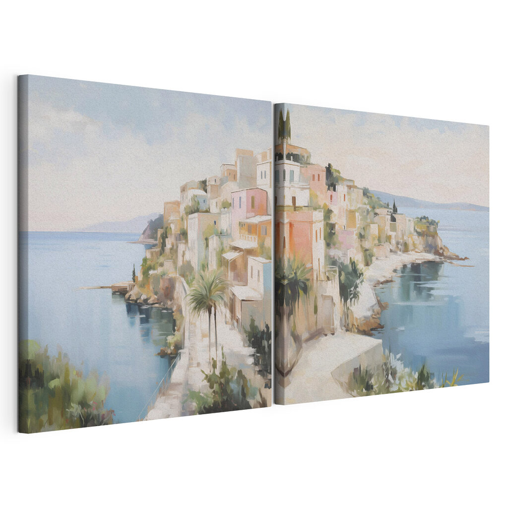 Painting of a town on a hill Painting of a town on a hill